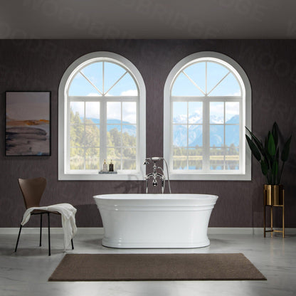 WoodBridge 67" Glossy White Lucite Acrylic Freestanding Double Ended Soaking Bathtub With Brushed Nickel Center Drain Assembly, Overflow, F0040BN Tub Filler and Caddy Tray