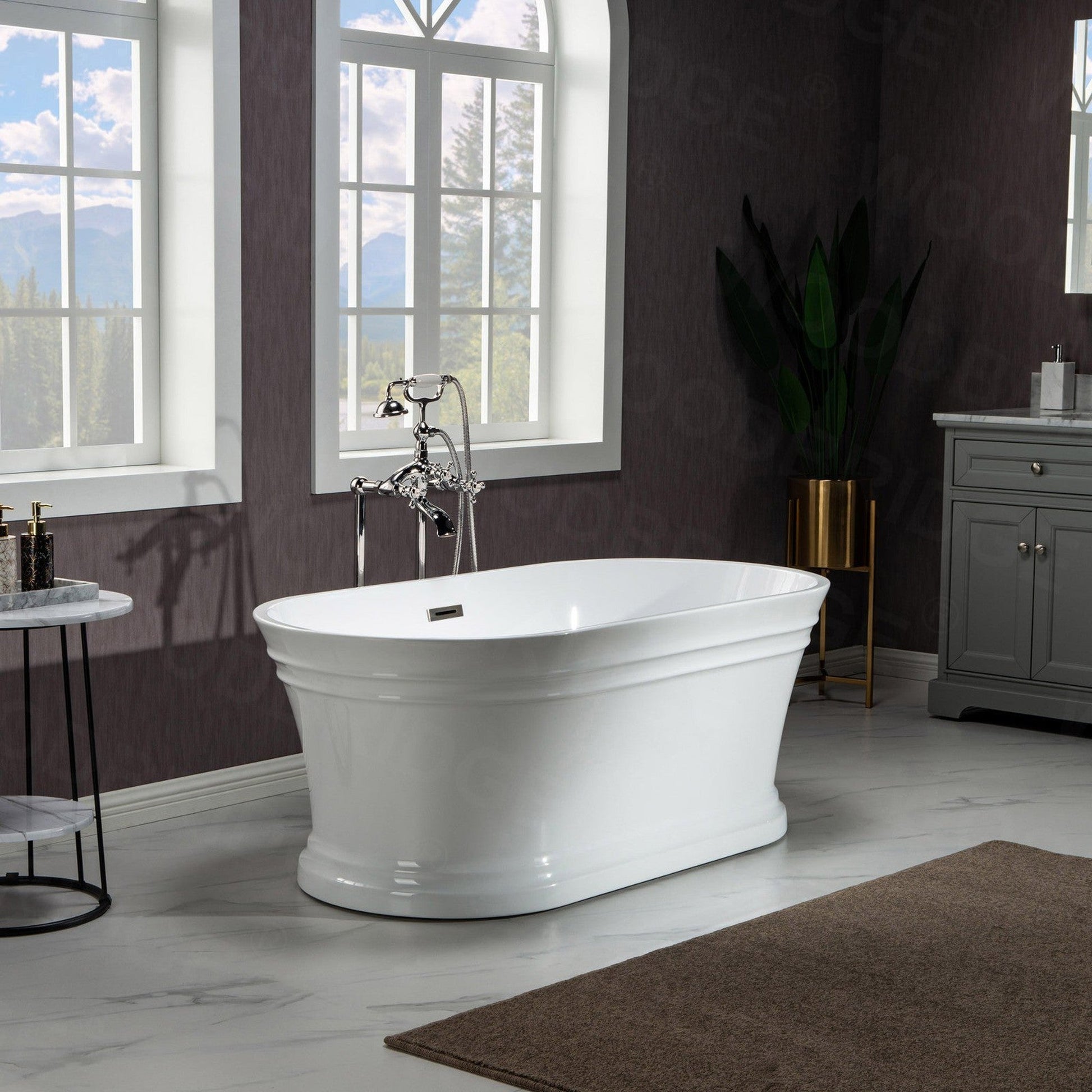 WoodBridge 67" Glossy White Lucite Acrylic Freestanding Double Ended Soaking Bathtub With Brushed Nickel Center Drain Assembly, Overflow, F0040BN Tub Filler and Caddy Tray