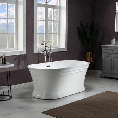 WoodBridge 67" Glossy White Lucite Acrylic Freestanding Double Ended Soaking Bathtub With Brushed Nickel Center Drain Assembly, Overflow, F0040BN Tub Filler and Caddy Tray