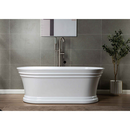 WoodBridge 67" Glossy White Lucite Acrylic Freestanding Double Ended Soaking Bathtub With Brushed Nickel Center Drain Assembly, Overflow, F0040BN Tub Filler and Caddy Tray