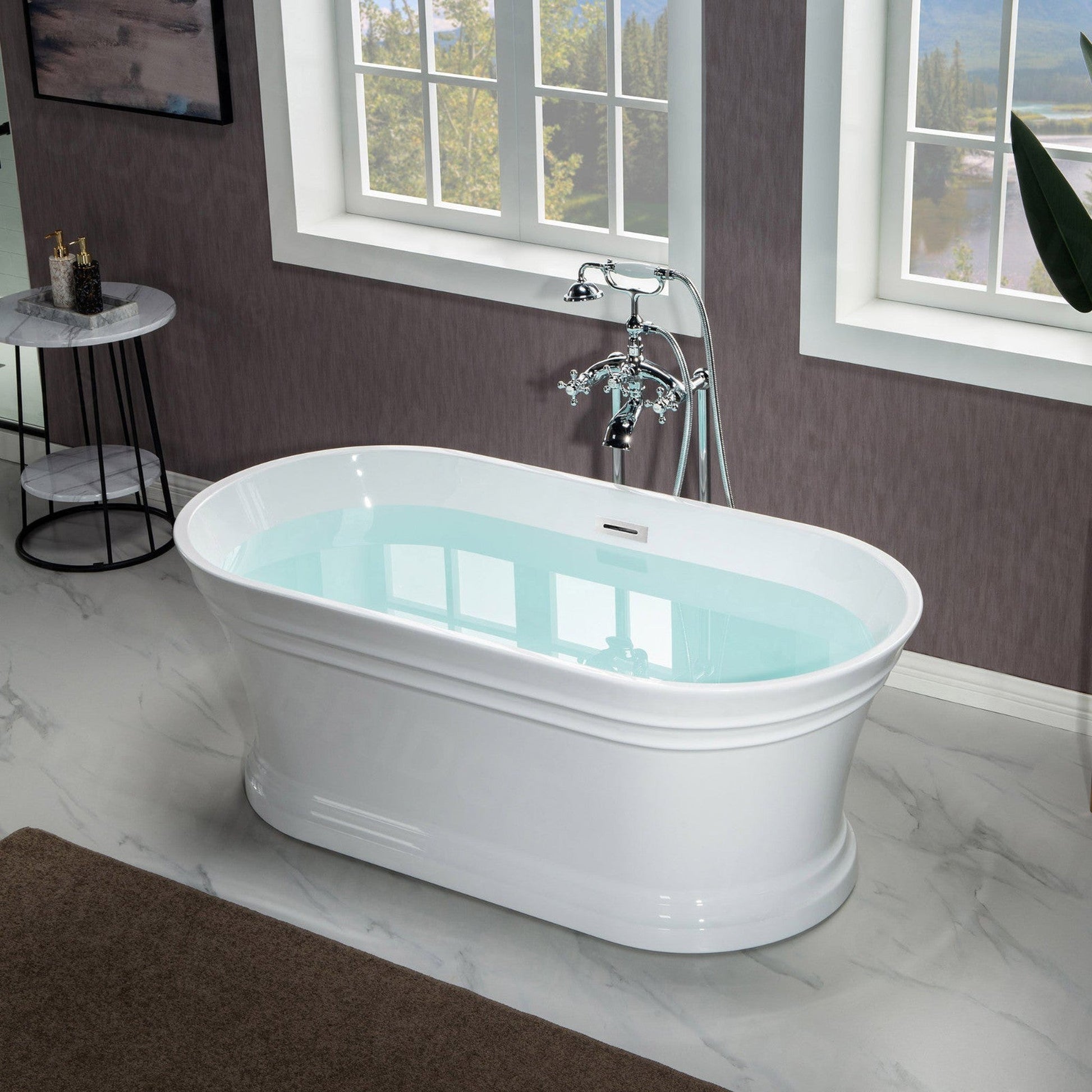 WoodBridge 67" Glossy White Lucite Acrylic Freestanding Double Ended Soaking Bathtub With Chrome Center Drain Assembly, Overflow, F-0004 Tub Filler and Caddy Tray