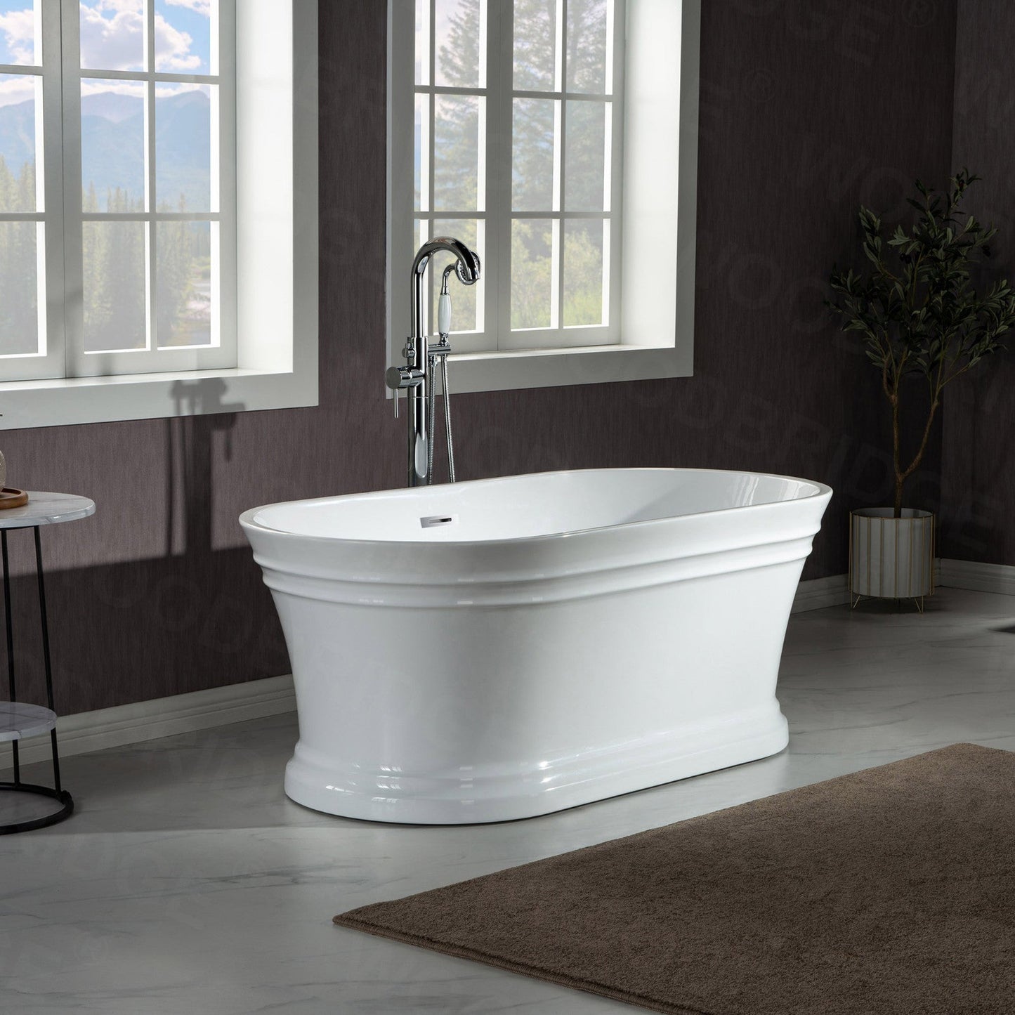 WoodBridge 67" Glossy White Lucite Acrylic Freestanding Double Ended Soaking Bathtub With Chrome Center Drain Assembly and Overflow