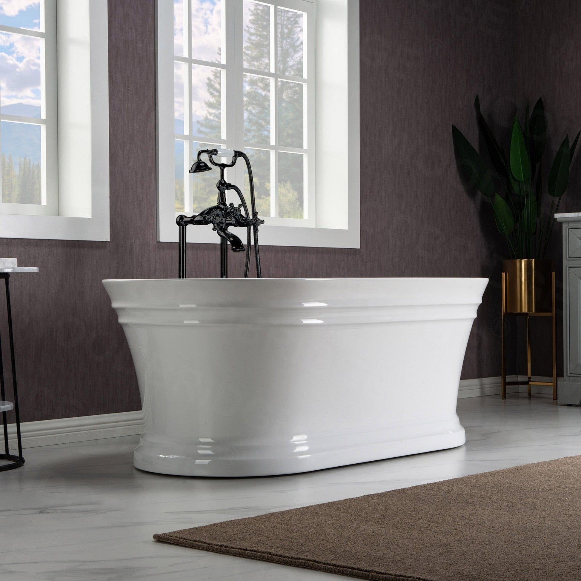 WoodBridge 67" Glossy White Lucite Acrylic Freestanding Double Ended Soaking Bathtub With Matte Black Center Drain Assembly, Overflow, F0072MBSQ Tub Filler and Caddy Tray