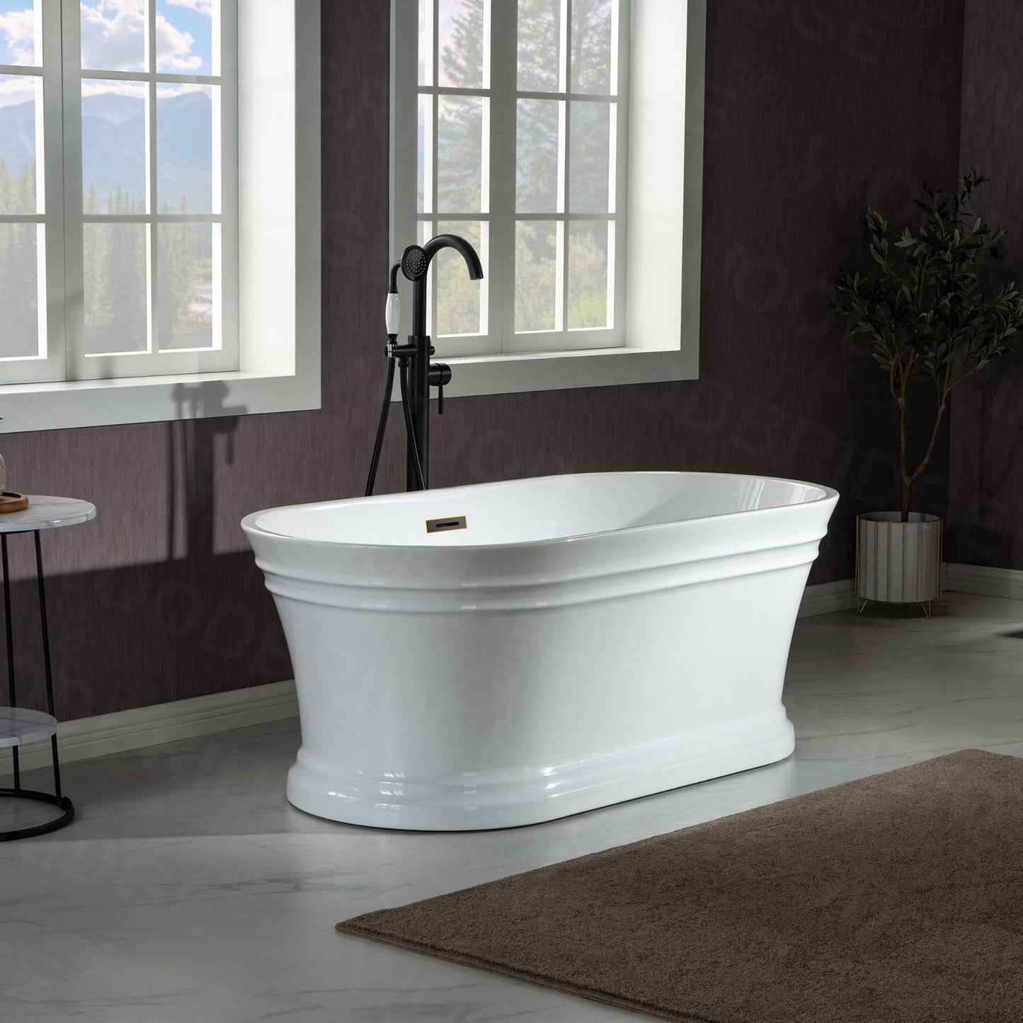 WoodBridge 67" Glossy White Lucite Acrylic Freestanding Double Ended Soaking Bathtub With Oil Rubbed Bronze Center Drain Assembly and Overflow