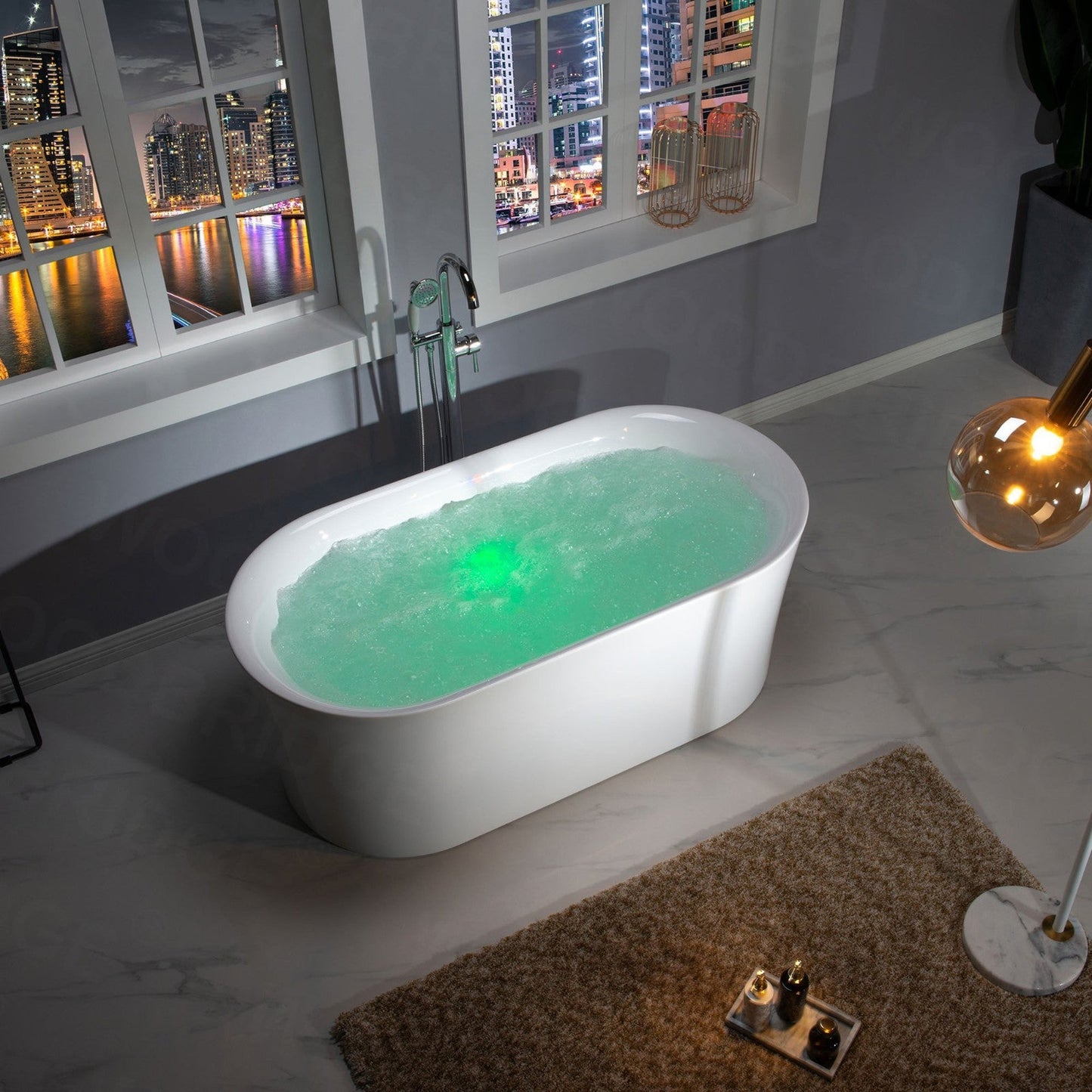 WoodBridge 67" White Acrylic Freestanding Air Bubble Soaking Bathtub With Brushed Nickel Overflow and Drain Finish