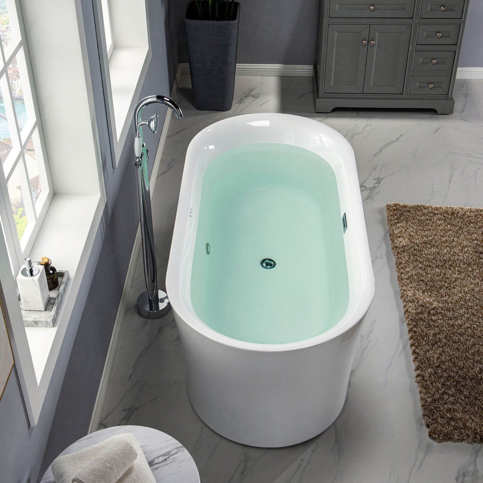 WoodBridge 67" White Acrylic Freestanding Air Bubble Soaking Bathtub With Chrome Overflow and Drain Finish