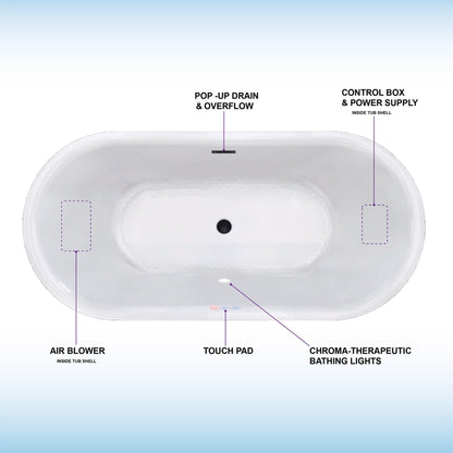 WoodBridge 67" White Acrylic Freestanding Air Bubble Soaking Bathtub With Matte Black Overflow and Drain Finish