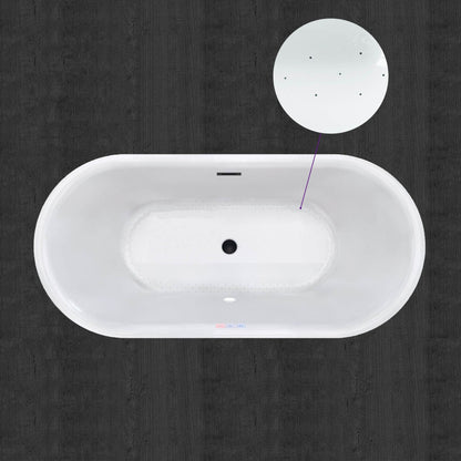 WoodBridge 67" White Acrylic Freestanding Air Bubble Soaking Bathtub With Matte Black Overflow and Drain Finish