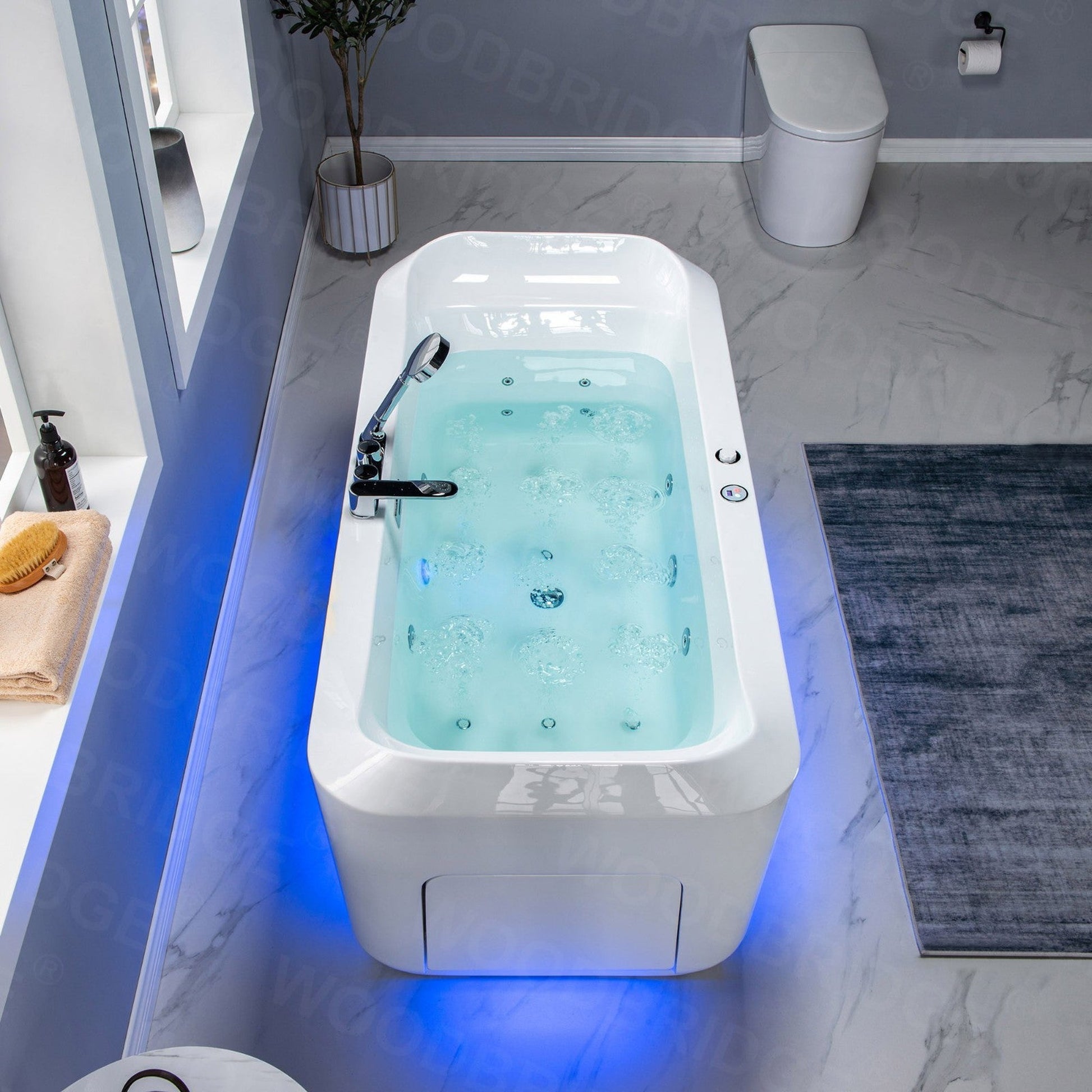 WoodBridge 67" White Acrylic Freestanding Massage Hydrotherapy Bathtub With Inline Heater