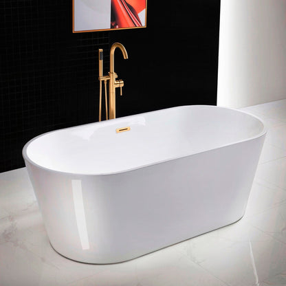 WoodBridge 67" White Acrylic Freestanding Soaking Bathtub With Brushed Gold Drain, Overflow, F-0007BGRD Tub Filler and Caddy Tray