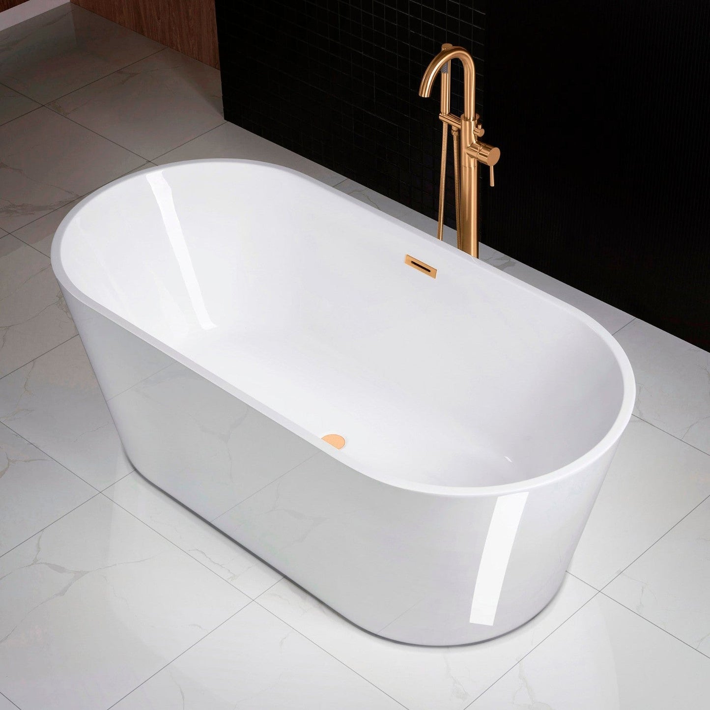 WoodBridge 67" White Acrylic Freestanding Soaking Bathtub With Brushed Gold Drain, Overflow, F-0007BGRD Tub Filler and Caddy Tray