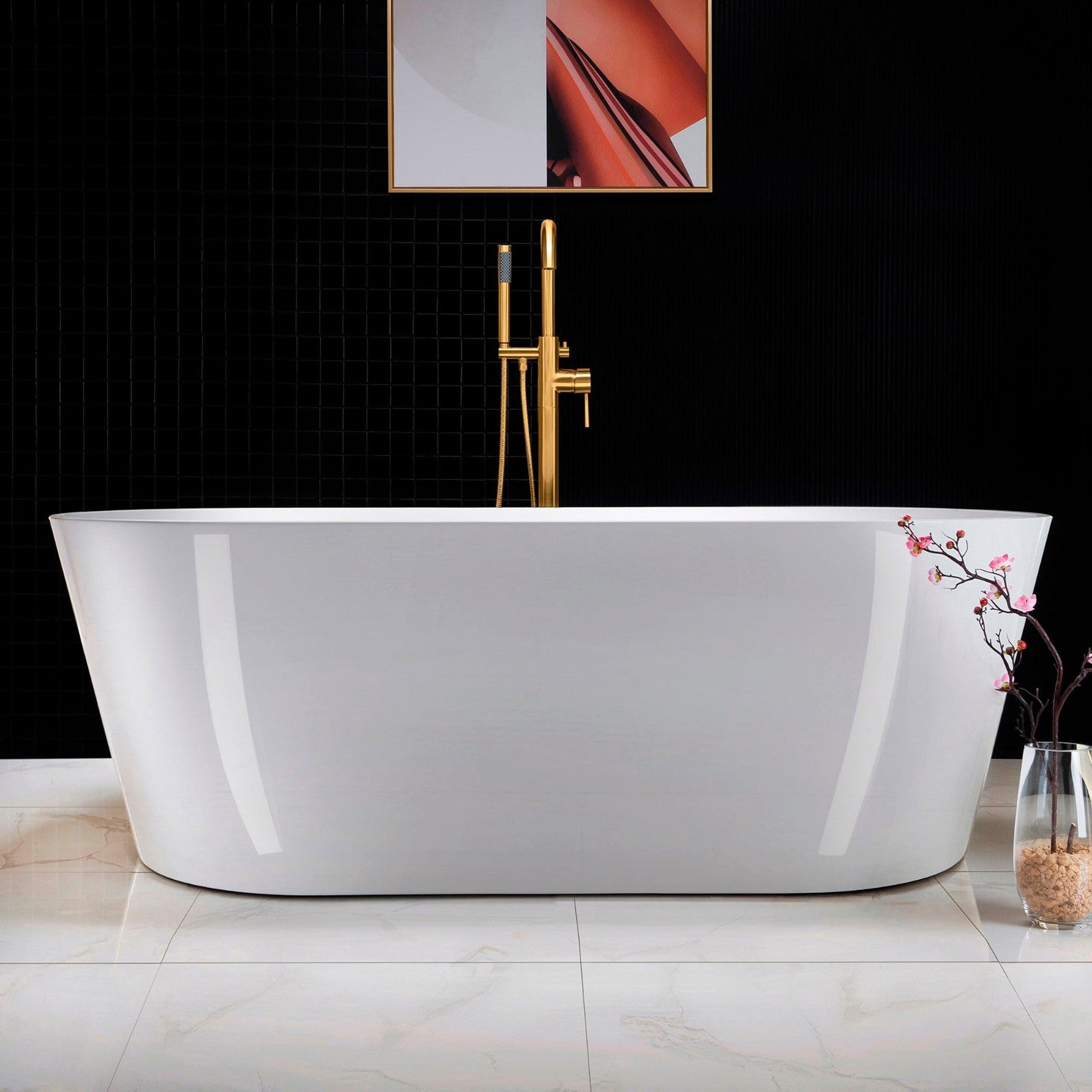 WoodBridge 67" White Acrylic Freestanding Soaking Bathtub With Brushed Gold Drain, Overflow, F-0007BGRD Tub Filler and Caddy Tray