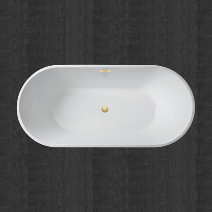 WoodBridge 67" White Acrylic Freestanding Soaking Bathtub With Brushed Gold Drain, Overflow, F-0007BGRD Tub Filler and Caddy Tray