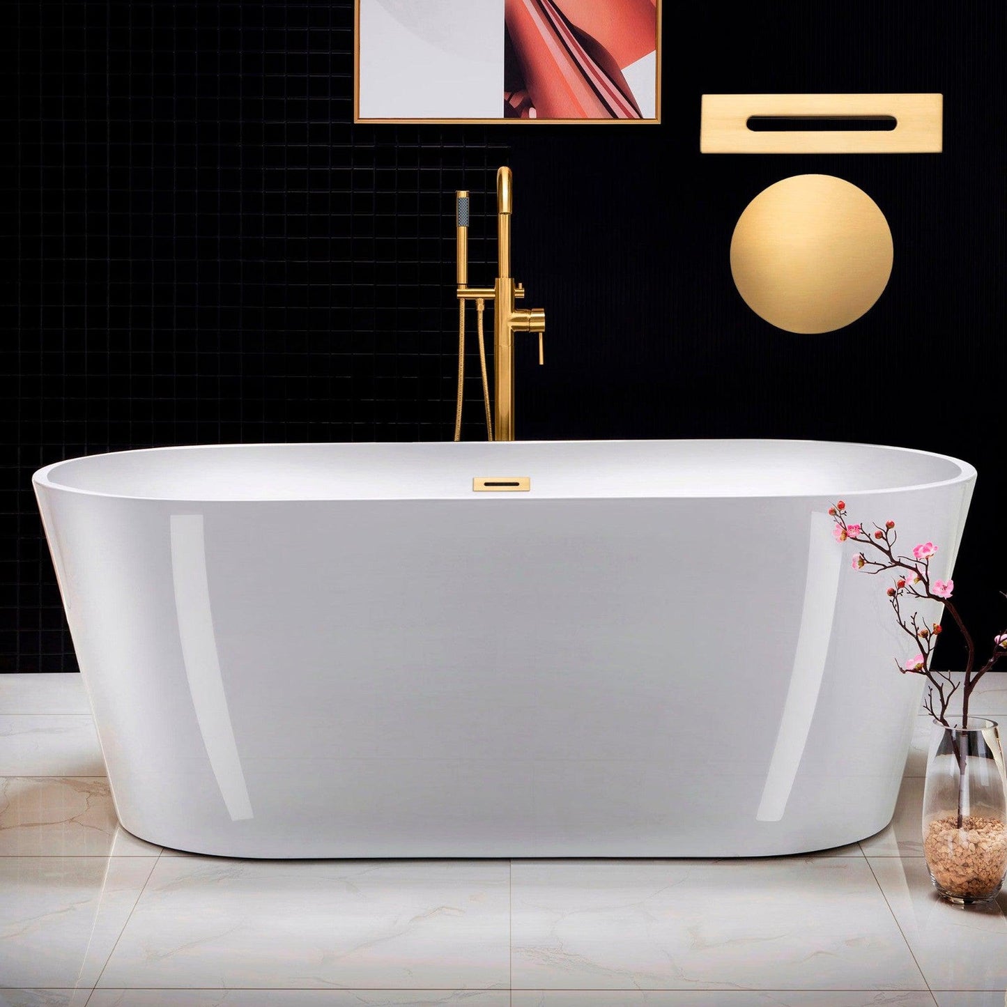 WoodBridge 67" White Acrylic Freestanding Soaking Bathtub With Brushed Gold Drain, Overflow, F-0007BGRD Tub Filler and Caddy Tray