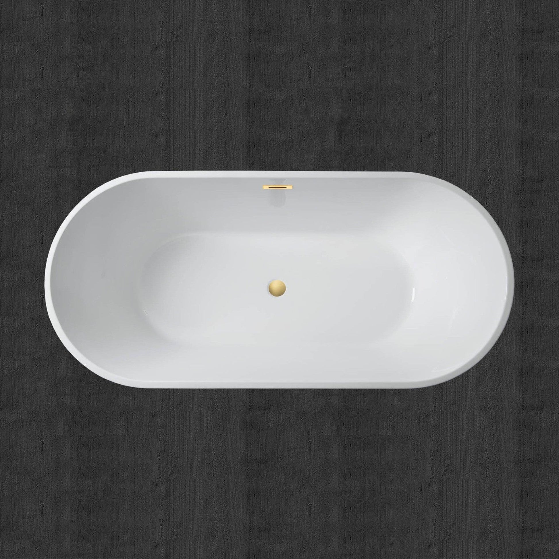 WoodBridge 67" White Acrylic Freestanding Soaking Bathtub With Brushed Gold Drain, Overflow, F-0008 Tub Filler and Caddy Tray