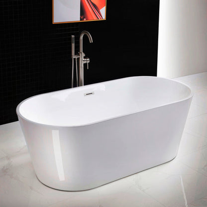 WoodBridge 67" White Acrylic Freestanding Soaking Bathtub With Brushed Nickel Drain, Overflow, F-0003 Tub Filler and Caddy Tray