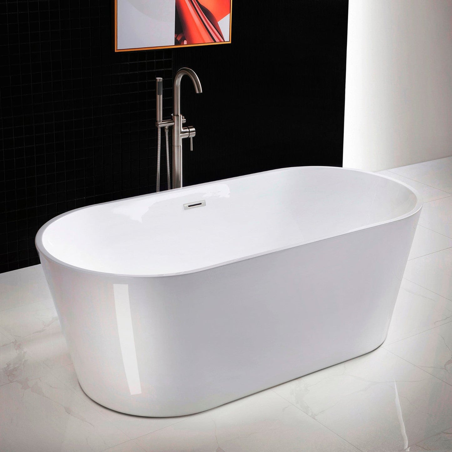 WoodBridge 67" White Acrylic Freestanding Soaking Bathtub With Brushed Nickel Drain, Overflow, F-0014-BN Tub Filler and Caddy Tray