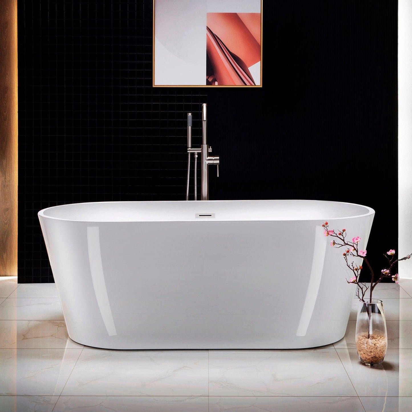 WoodBridge 67" White Acrylic Freestanding Soaking Bathtub With Brushed Nickel Drain, Overflow, F0040BN Tub Filler and Caddy Tray