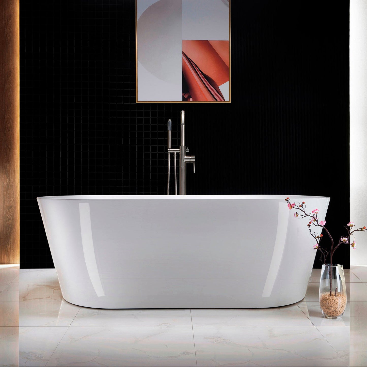 WoodBridge 67" White Acrylic Freestanding Soaking Bathtub With Brushed Nickel Drain and Overflow