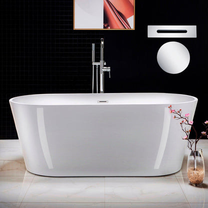 WoodBridge 67" White Acrylic Freestanding Soaking Bathtub With Chrome Drain, Overflow, F-0004 Tub Filler and Caddy Tray