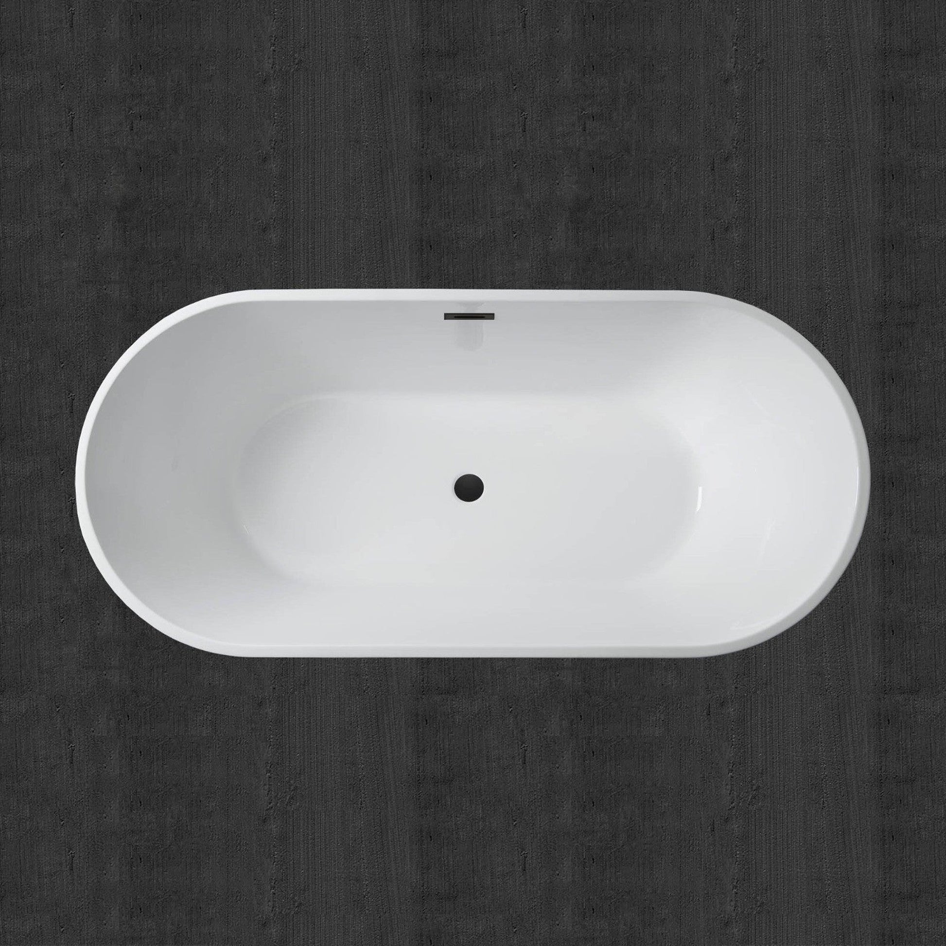 WoodBridge 67" White Acrylic Freestanding Soaking Bathtub With Matte Black Drain, Overflow, F0006MBRD Tub Filler and Caddy Tray