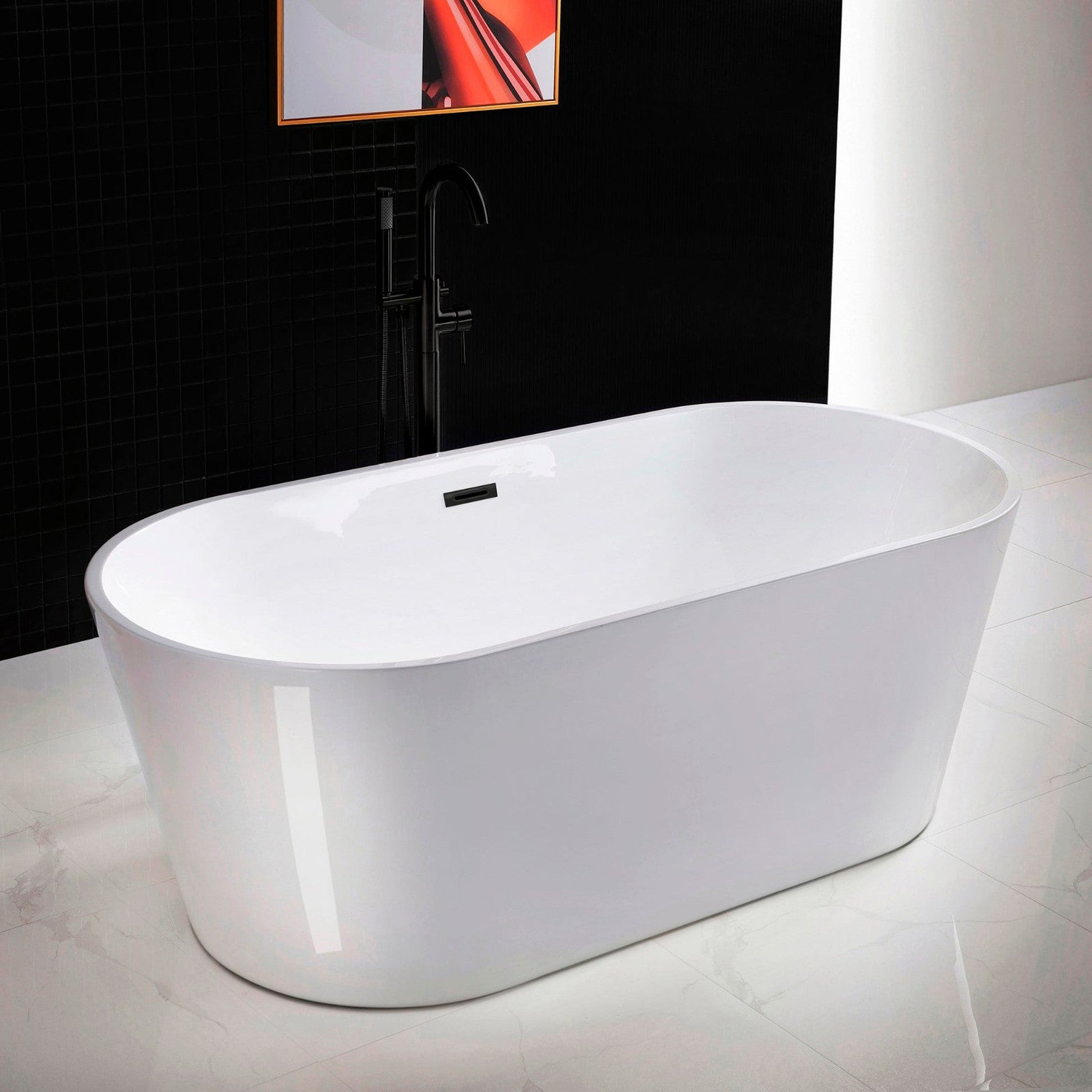 WoodBridge 67" White Acrylic Freestanding Soaking Bathtub With Matte Black Drain, Overflow, F0006MBVT Tub Filler and Caddy Tray