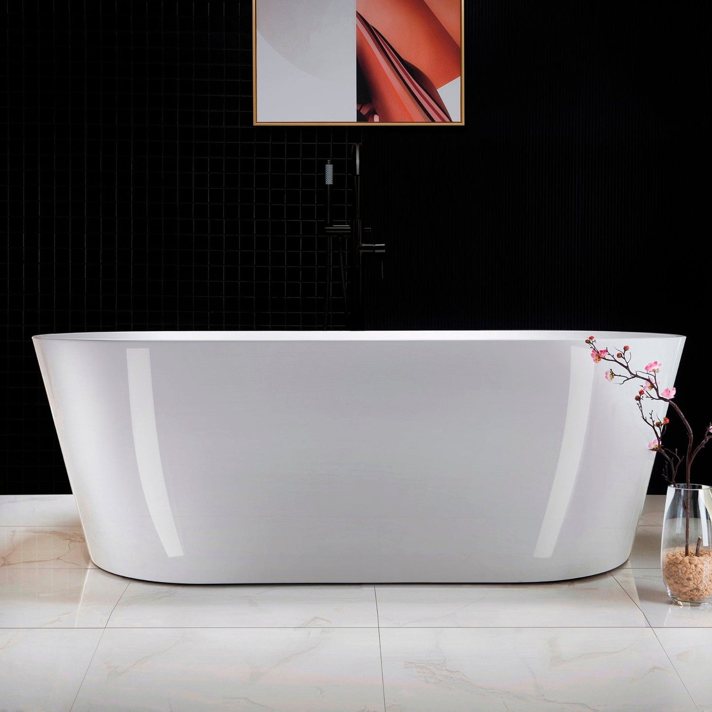 WoodBridge 67" White Acrylic Freestanding Soaking Bathtub With Matte Black Drain, Overflow, F0006MBVT Tub Filler and Caddy Tray