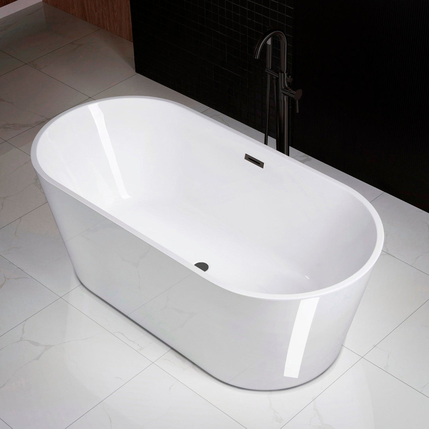 WoodBridge 67" White Acrylic Freestanding Soaking Bathtub With Matte Black Drain, Overflow, F0006MBVT Tub Filler and Caddy Tray