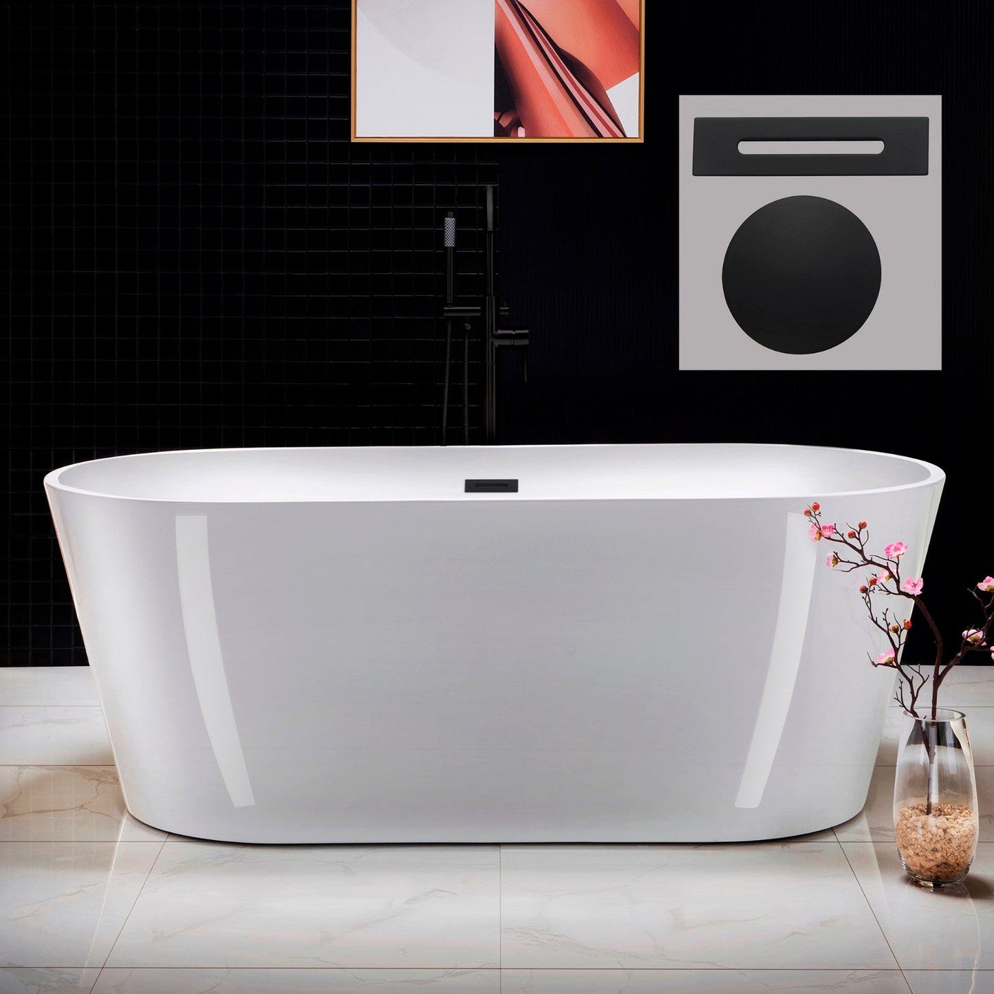 WoodBridge 67" White Acrylic Freestanding Soaking Bathtub With Matte Black Drain, Overflow, F0006MBVT Tub Filler and Caddy Tray