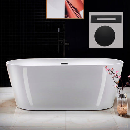 WoodBridge 67" White Acrylic Freestanding Soaking Bathtub With Matte Black Drain, Overflow, F0006MBVT Tub Filler and Caddy Tray