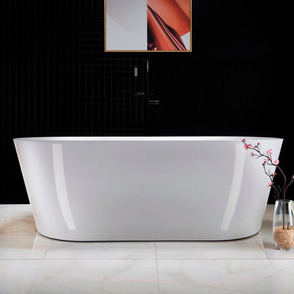 WoodBridge 67" White Acrylic Freestanding Soaking Bathtub With Matte Black Drain and Overflow