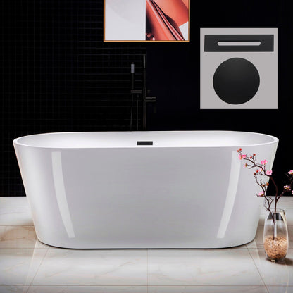 WoodBridge 67" White Acrylic Freestanding Soaking Bathtub With Matte Black Drain and Overflow