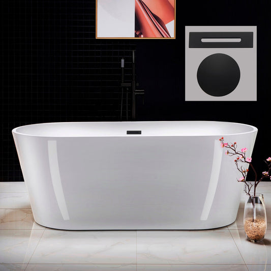 WoodBridge 67" White Acrylic Freestanding Soaking Bathtub With Matte Black Drain and Overflow