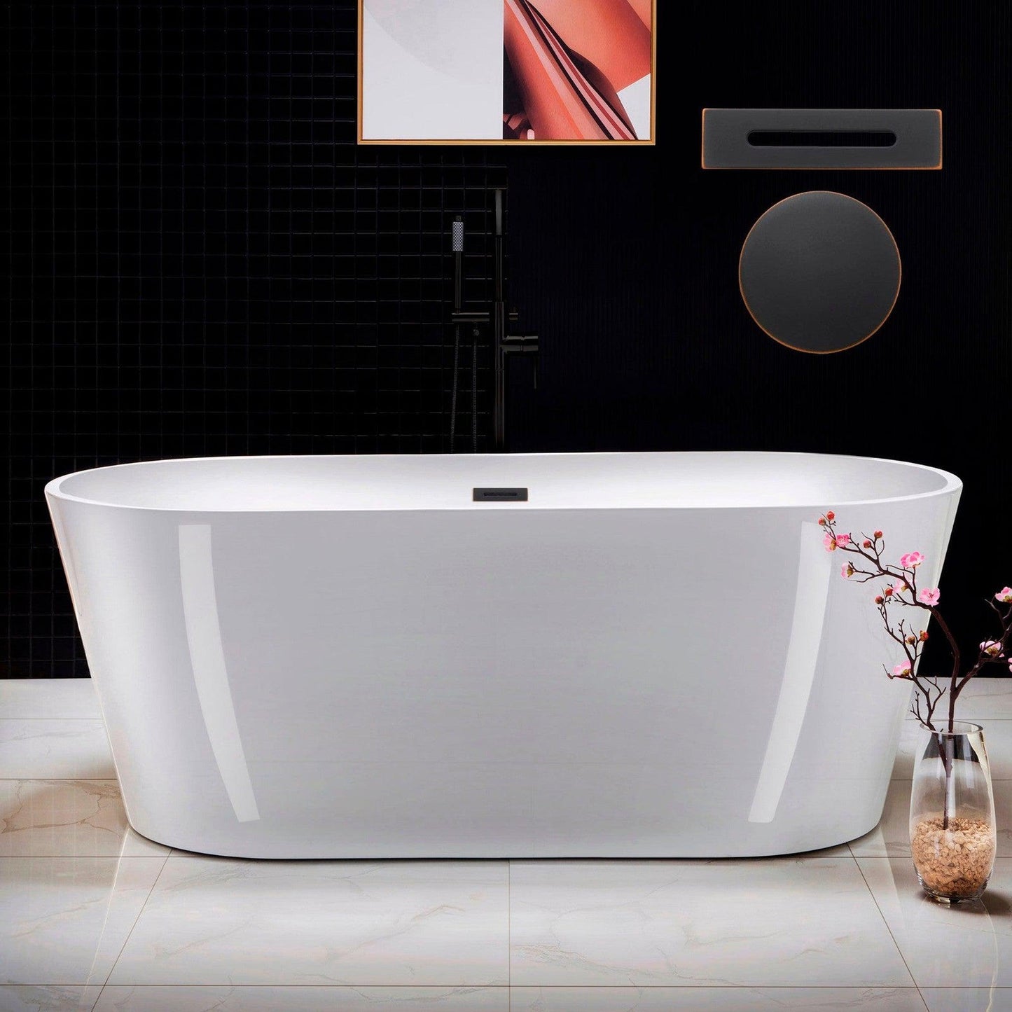 WoodBridge 67" White Acrylic Freestanding Soaking Bathtub With Oil Rubbed Bronze Drain and Overflow