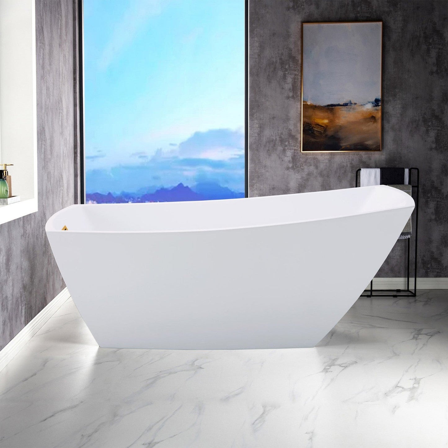 WoodBridge 67" White Acrylic Single Slipper Freestanding Soaking Bathtub With Brushed Gold Drain, Overflow, F-0007BGRD Tub Filler and Caddy Tray