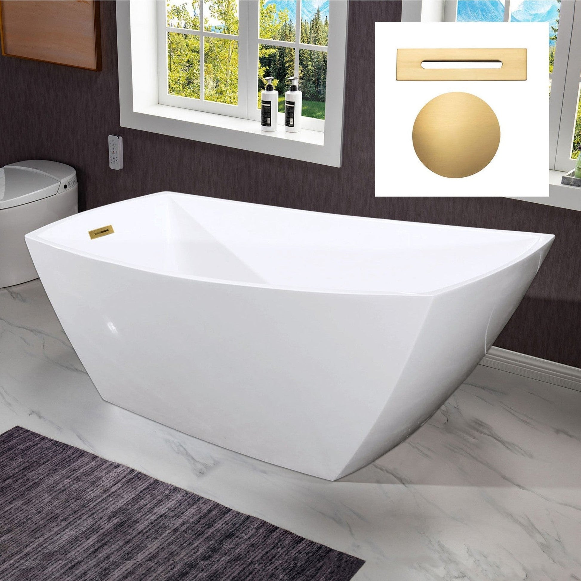 WoodBridge 67" White Acrylic Single Slipper Freestanding Soaking Bathtub With Brushed Gold Drain, Overflow, F-0007BGRD Tub Filler and Caddy Tray