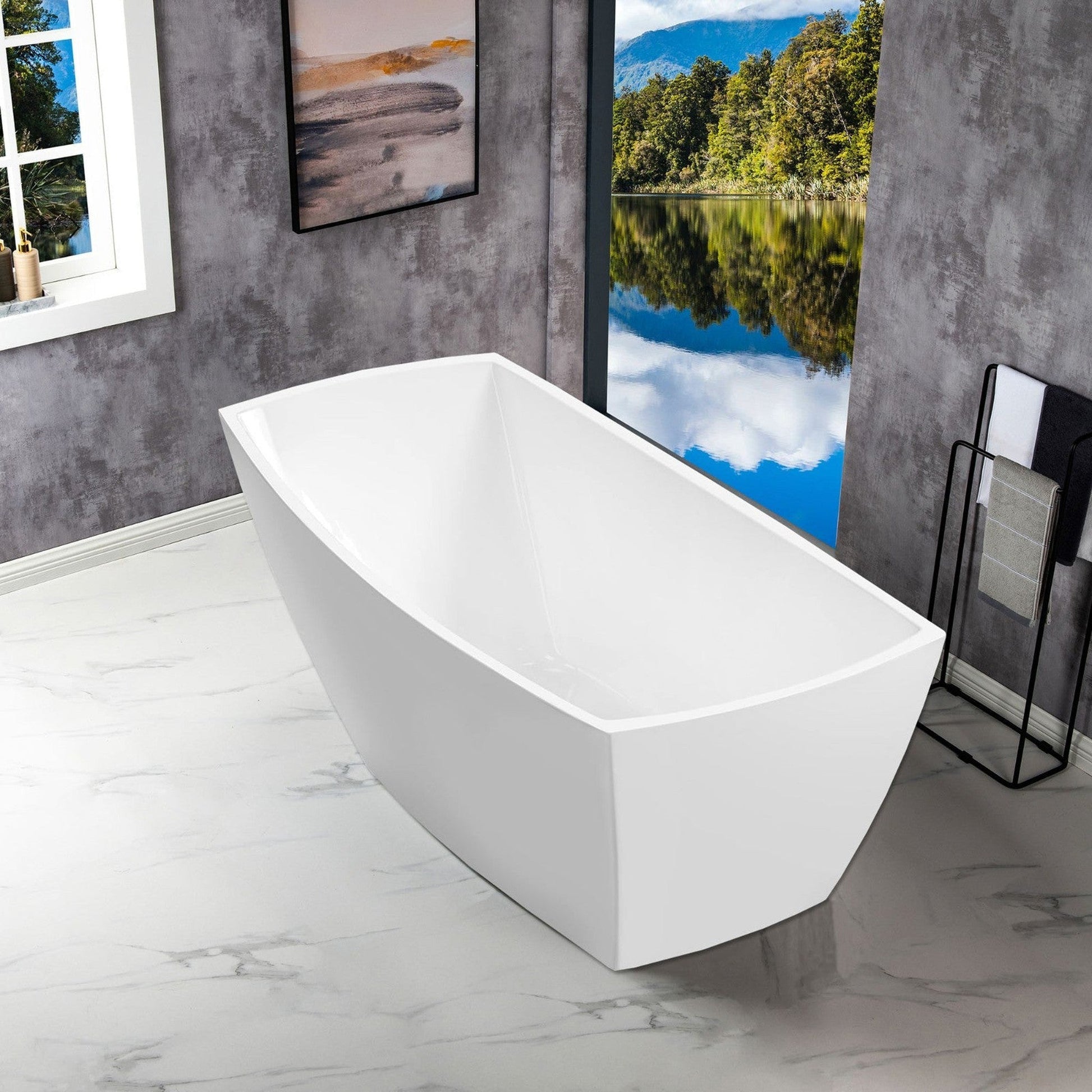 WoodBridge 67" White Acrylic Single Slipper Freestanding Soaking Bathtub With Brushed Gold Drain, Overflow, F-0007BGVT Tub Filler and Caddy Tray
