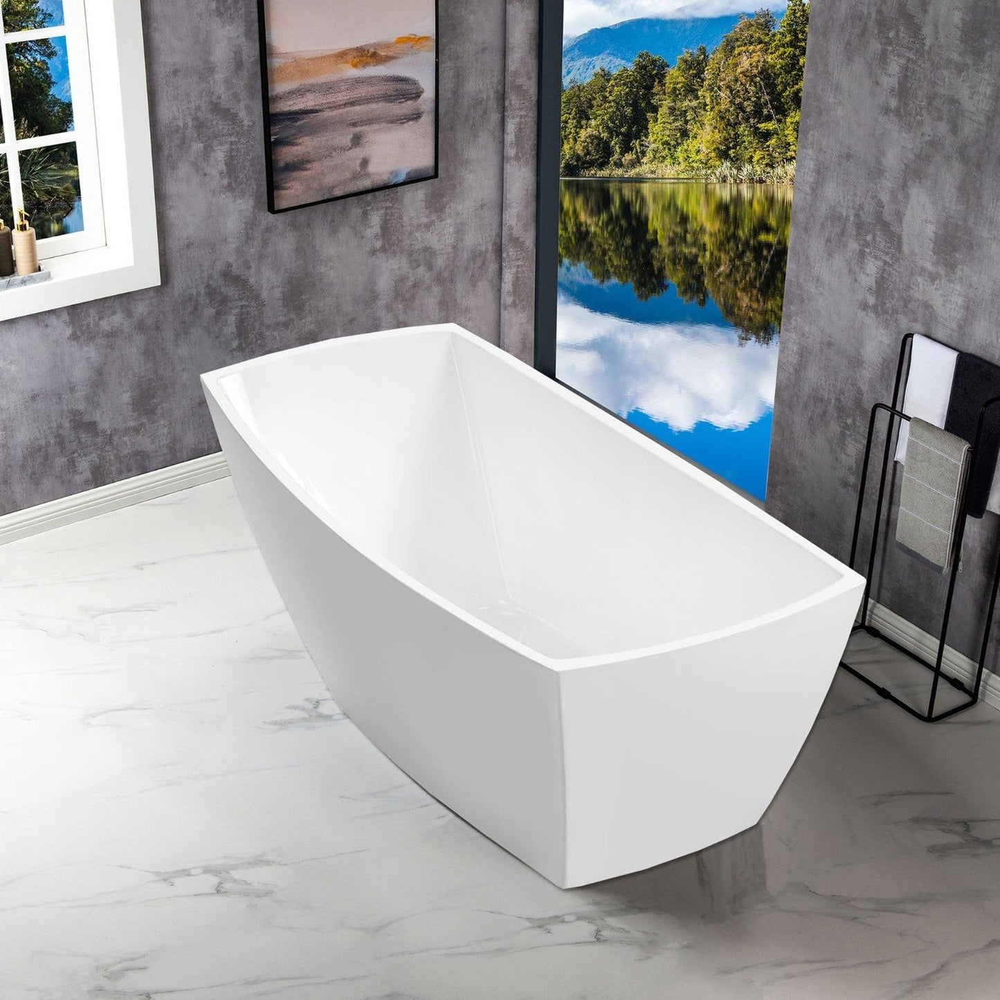WoodBridge 67" White Acrylic Single Slipper Freestanding Soaking Bathtub With Brushed Gold Drain, Overflow, F0026BGVT Tub Filler and Caddy Tray