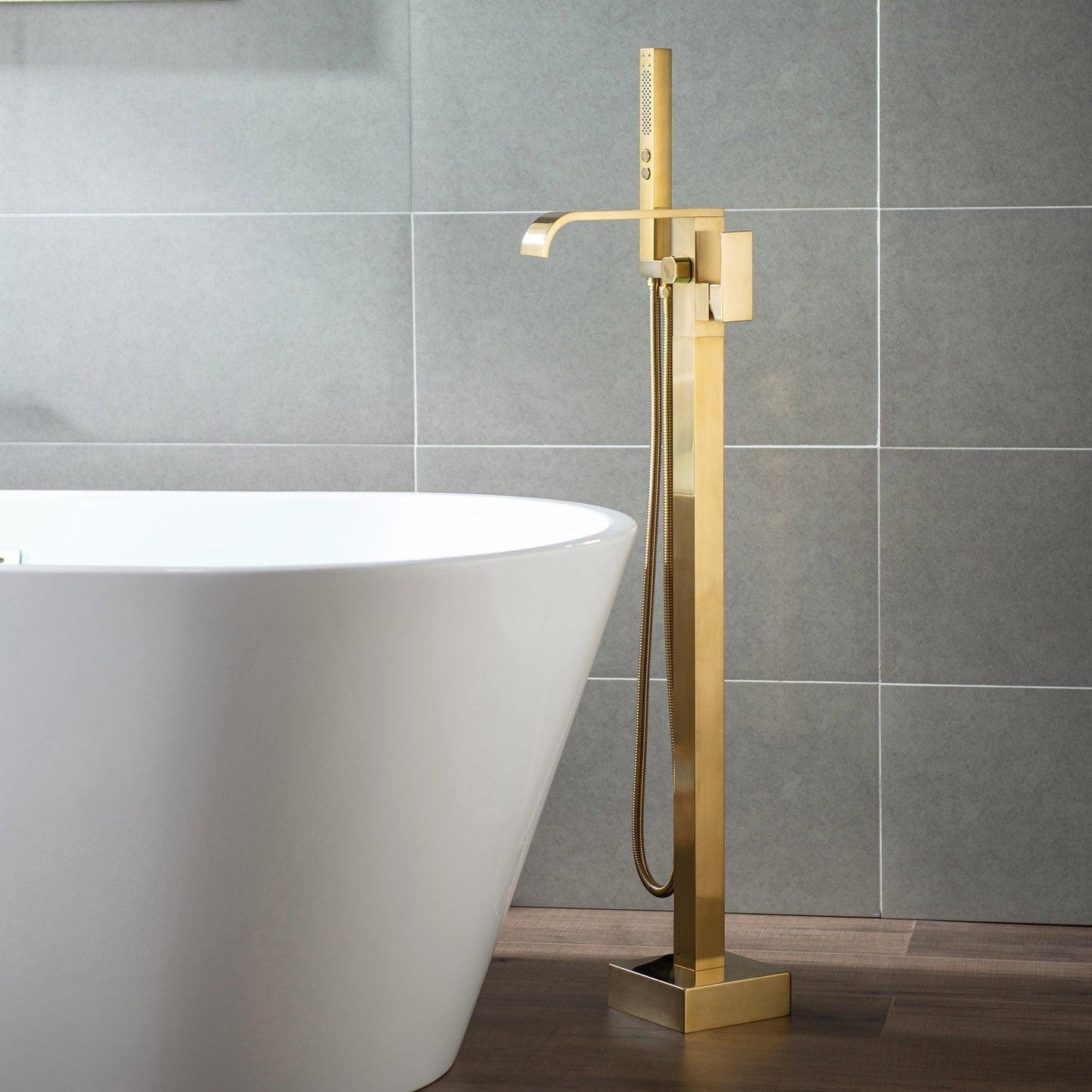 WoodBridge 67" White Acrylic Single Slipper Freestanding Soaking Bathtub With Brushed Gold Drain, Overflow, F0039BG Tub Filler and Caddy Tray
