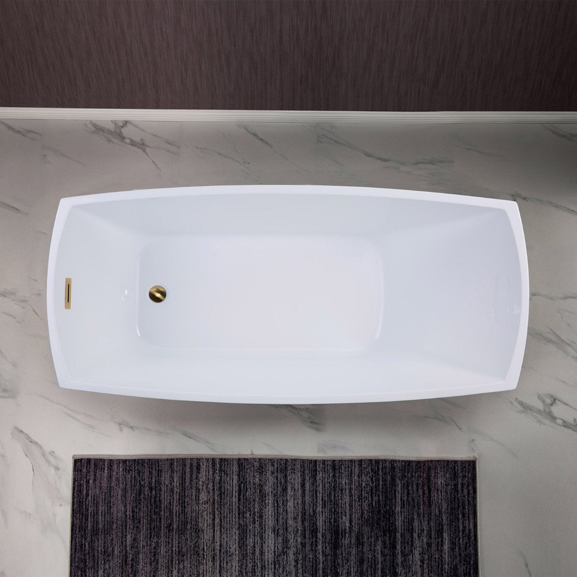 WoodBridge 67" White Acrylic Single Slipper Freestanding Soaking Bathtub With Brushed Gold Drain, Overflow, F0073BGDR Tub Filler and Caddy Tray