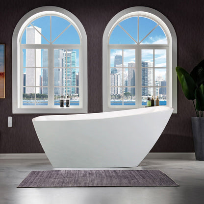 WoodBridge 67" White Acrylic Single Slipper Freestanding Soaking Bathtub With Brushed Gold Drain, Overflow, F0073BGRD Tub Filler and Caddy Tray