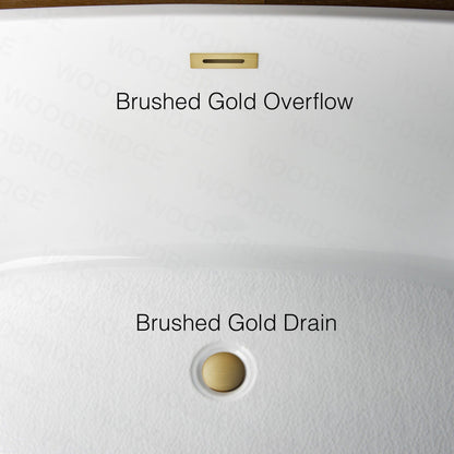WoodBridge 67" White Acrylic Single Slipper Freestanding Soaking Bathtub With Brushed Gold Drain, Overflow, F0073BGVT Tub Filler and Caddy Tray