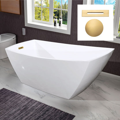 WoodBridge 67" White Acrylic Single Slipper Freestanding Soaking Bathtub With Brushed Gold Drain and Overflow