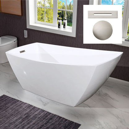 WoodBridge 67" White Acrylic Single Slipper Freestanding Soaking Bathtub With Brushed Nickel Drain, Overflow, F-0003 Tub Filler and Caddy Tray