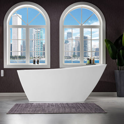 WoodBridge 67" White Acrylic Single Slipper Freestanding Soaking Bathtub With Brushed Nickel Drain and Overflow