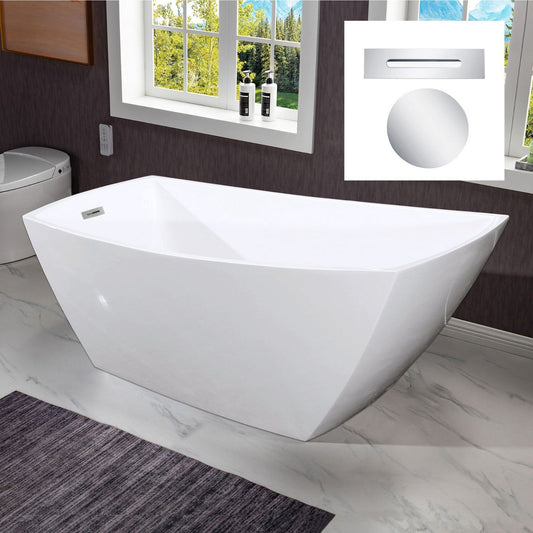 WoodBridge 67" White Acrylic Single Slipper Freestanding Soaking Bathtub With Chrome Drain, Overflow, F-0004 Tub Filler and Caddy Tray