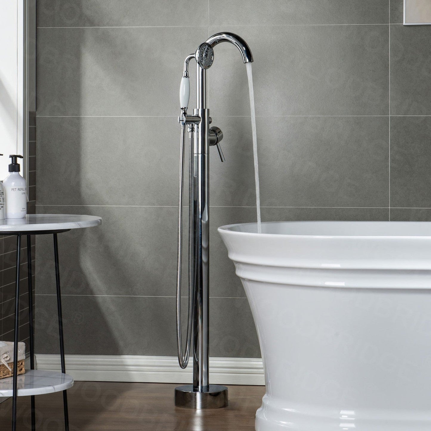 WoodBridge 67" White Acrylic Single Slipper Freestanding Soaking Bathtub With Chrome Drain, Overflow, F0002CHVT Tub Filler and Caddy Tray