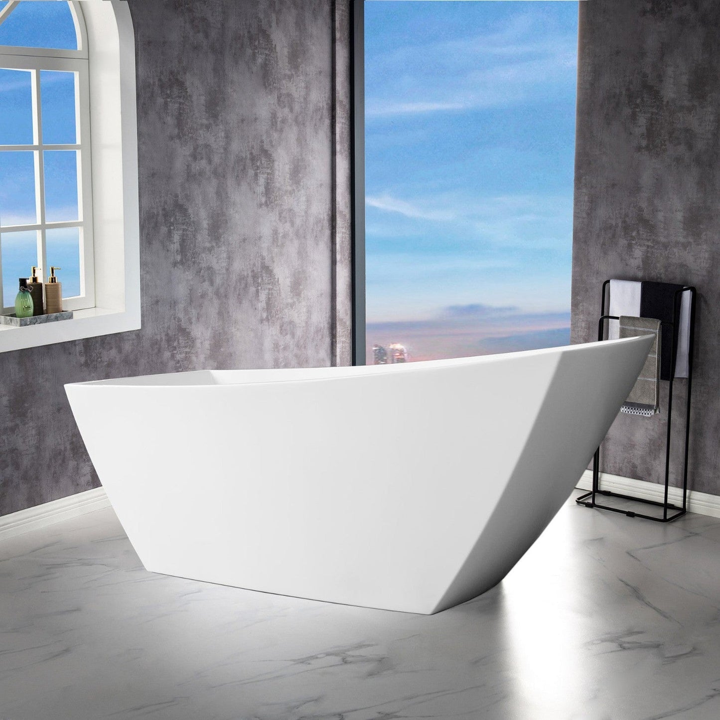 WoodBridge 67" White Acrylic Single Slipper Freestanding Soaking Bathtub With Chrome Drain, Overflow, F0024CHRD Tub Filler and Caddy Tray