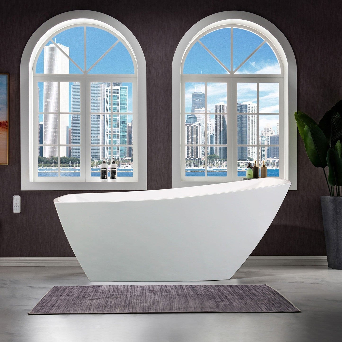 WoodBridge 67" White Acrylic Single Slipper Freestanding Soaking Bathtub With Chrome Drain, Overflow, F0024CHRD Tub Filler and Caddy Tray