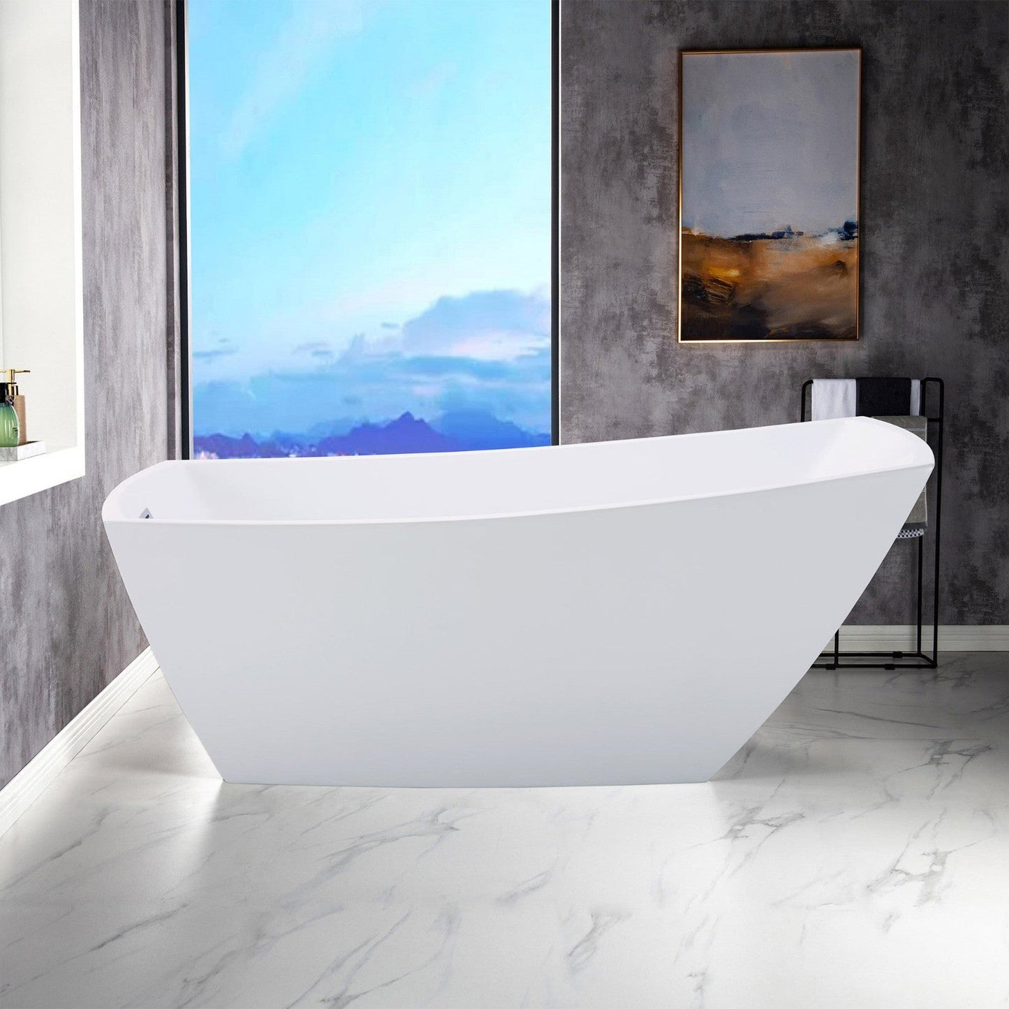 WoodBridge 67" White Acrylic Single Slipper Freestanding Soaking Bathtub With Chrome Drain, Overflow, F0024CHSQ Tub Filler and Caddy Tray